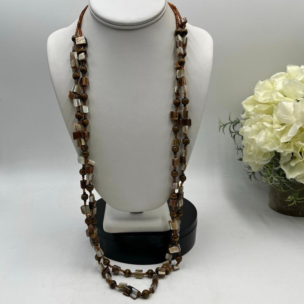 Vintage Boho Multi-Strand Wood Mother of Pearl Shell Bead Necklace Earth Tones‎